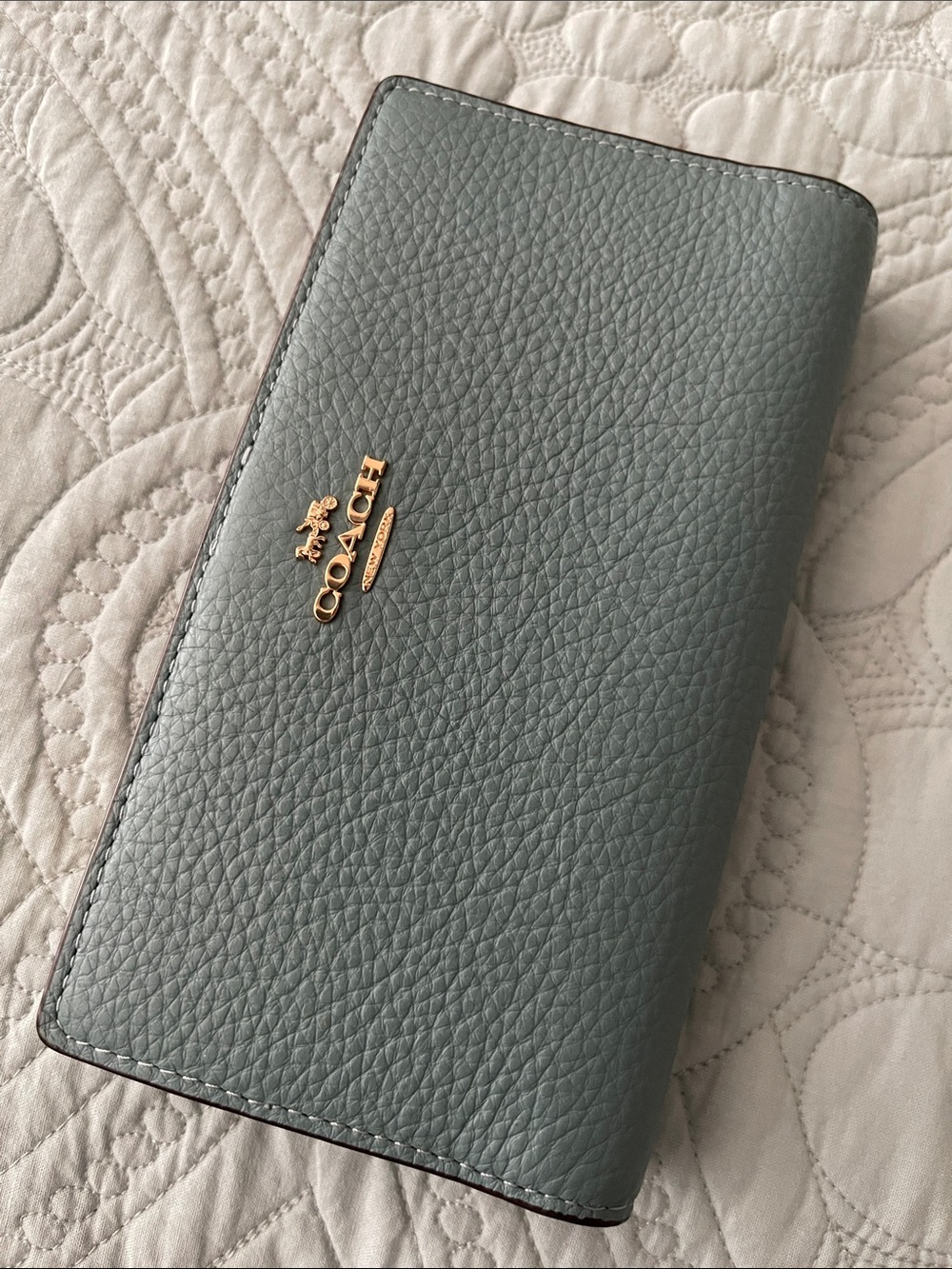 COACH Slim Wallet,Pebbled Leather Long Wallet in Dusty Blue with Gold Logo